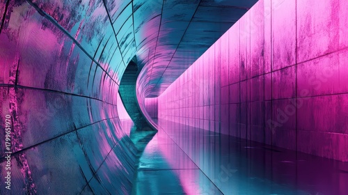 Fototapeta Naklejka Na Ścianę i Meble -  Futuristic neon tunnel glowing with vibrant pink and blue light