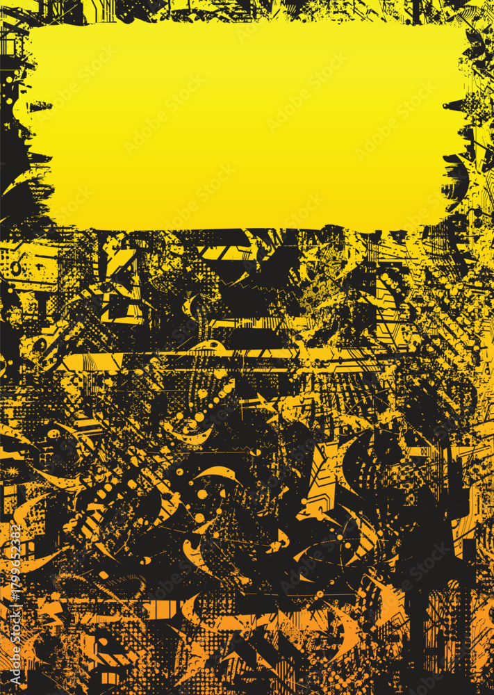 Naklejka premium Intersected and merged grunge transparent texture vector overlay with central gradient text area for modern design,posters and digital layouts.Combined and mixed layered background for digital design.