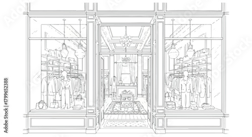 Architectural storefront sketch of a classic boutique with tall framed windows, ornate molding, symmetrical structural layout, and refined heritage commercial detailing.