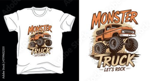 Lets rock monster truck graphic vector art t-shirt design print