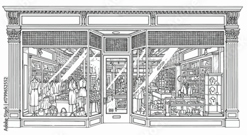 Vintage architectural storefront drawing showing an angled interior view, merchandise displays, tall showcase windows, and ornate antique façade framing.