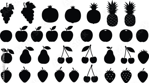 Set of various fruit silhouettes including grapes, apples, pears, cherries, strawberries, pineapples, and pomegranates, black vector illustration design for healthy food themes