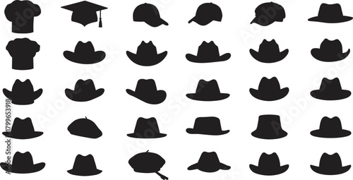 Set of various hat silhouettes including chef, graduation, cowboy, beret, and fedora styles, black vector illustration icons for fashion, costume, and design themes