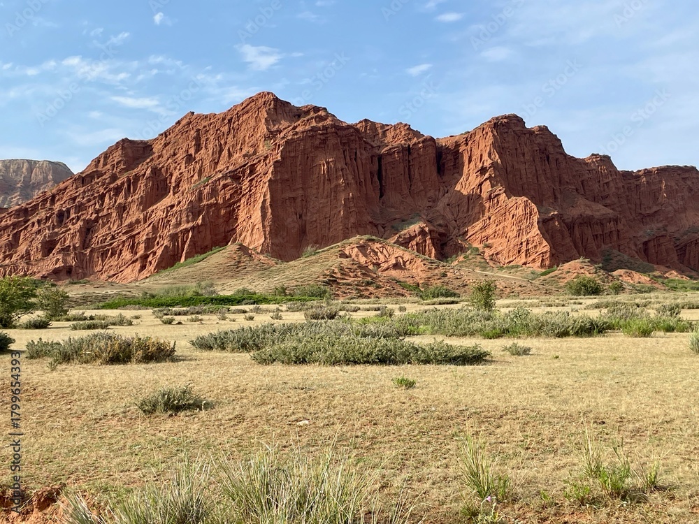Fototapeta premium Red Water Valley, surrounded by tall sandstone cliffs and rugged desert terrain, Kyrgyzstan.