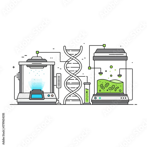Advanced laboratory equipment analyzes DNA helix and cultures cells for groundbreaking scientific discovery and medical research breakthroughs