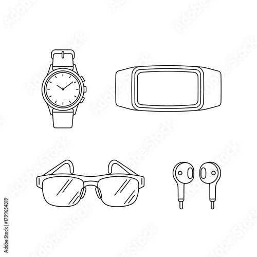 Modern gadgets including watch, fitness tracker, eyeglasses, and earbuds represent everyday technology and personal accessories essential for daily life.