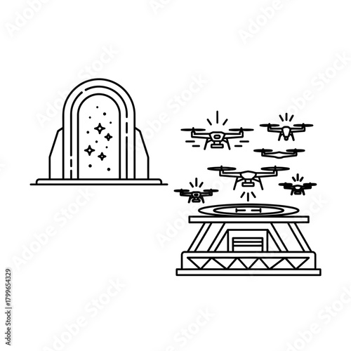 Futuristic portal beckons as advanced drones prepare for aerial mission launch from high tech platform