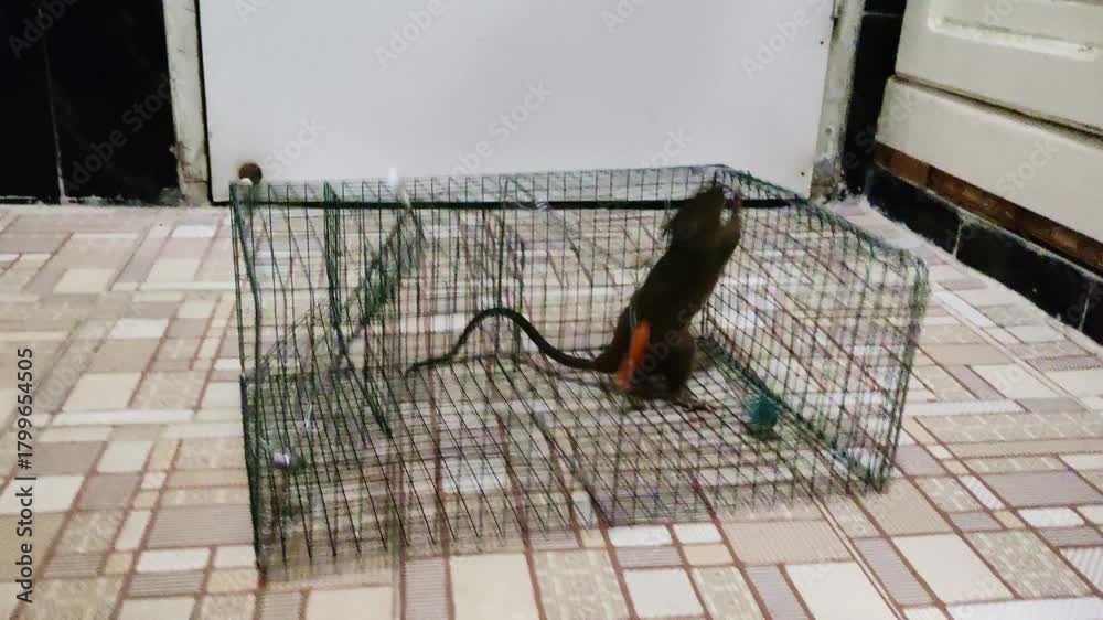 Humane Trapping Posting A live mouse is captured inside a metal cage trap placed on a tiled ...