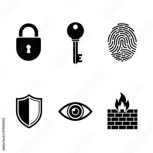Secure your digital world with essential icons representing protection access and surveillance for cybersecurity and data safety solutions