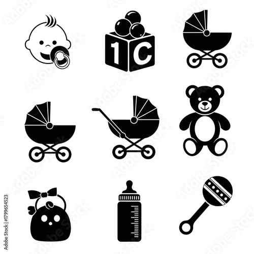 Charming collection of baby icons featuring a happy baby face, toy block, prams, teddy bear, baby bottle and rattle for nursery or birth announcements