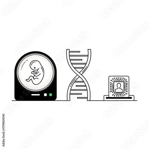 Future of humanity explored through embryo, DNA, and AI integration, symbolizing scientific advancement and bioengineering innovation.