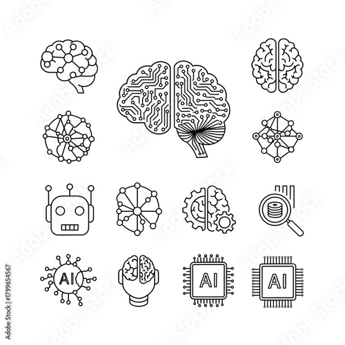 Stunning collection of modern AI and technology icons depicting brains, networks, robots, and circuits for innovative concepts.