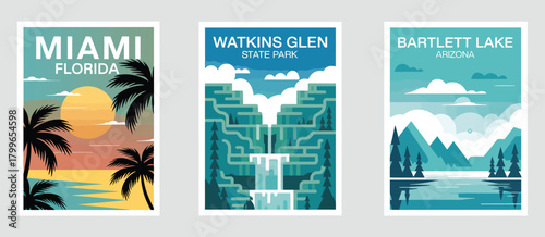 bartlett lake, miami, and watkins glen illustration art in minimalist vector style, travel poster wall art featuring scenic landscapes, perfect for modern home decor.