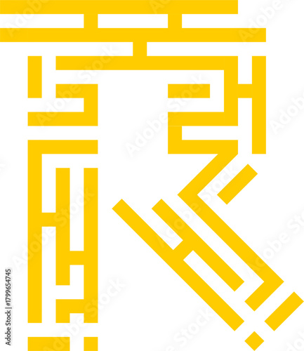 Letter R Maze Initial Logo Design Template Vector Illustration. Yellow Gold Single Line Typography Isolated on Transparent Background