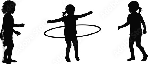 Silhouette children playing with hula hoop, active kids having fun outdoor, childhood happiness, recreation, fitness, and movement vector illustration for design content.