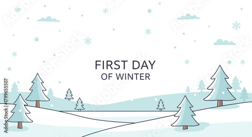 A serene winter landscape illustration with snow-covered trees and falling snowflakes, celebrating the first day of winter.