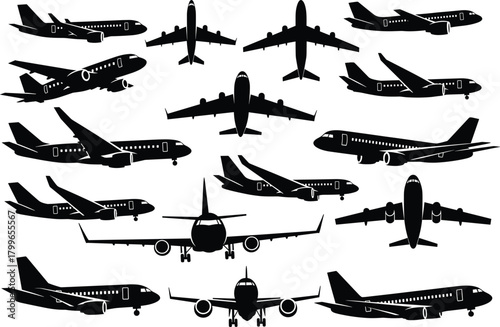 Silhouette collection of commercial airplanes in various flight angles, aviation travel concept, passenger aircraft transport illustration, jet airliner design and airport vector art