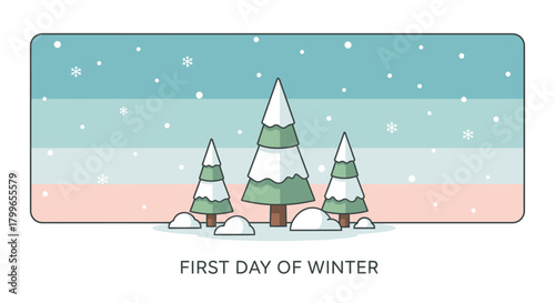 Stylized illustration of three snow-covered evergreen trees on the first day of winter with falling snowflakes.