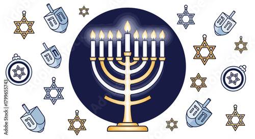 A festive illustration featuring a menorah with lit candles, surrounded by dreidels and Star of David ornaments.