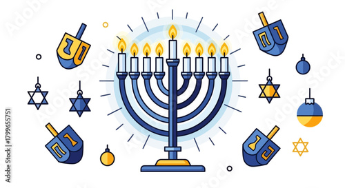 Hanukkah menorah with candles, dreidels, and Star of David ornaments.