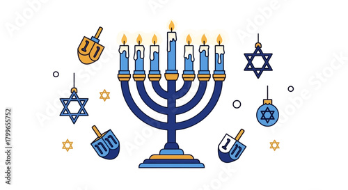 A festive Hanukkah illustration featuring a menorah with lit candles, dreidels, and Star of David ornaments against a white background.
