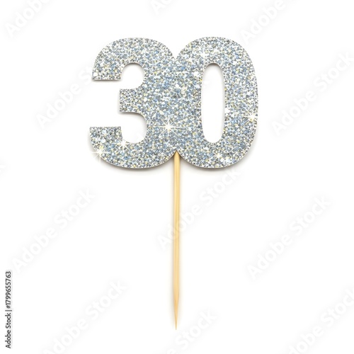 Elegant silver glitter '30' cake topper, perfect for celebrating thirtieth birthdays, anniversaries, or significant milestones. Adds festive sparkle to party desserts
