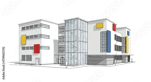 Sketch of a contemporary multi-block commercial complex with stacked volumes, geometric window patterning, and bold modernist urban architectural composition.