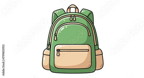 Illustration of a green and beige backpack with multiple compartments and zippers.