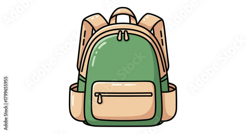 A detailed illustration of a green and tan backpack, perfect for carrying school supplies or travel essentials.