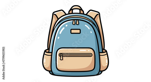A light blue and beige cartoon school backpack with pockets, isolated on a white background.