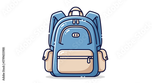 A vibrant illustration of a blue backpack with beige accents, featuring multiple pockets and zippers, presented on a clean white background.