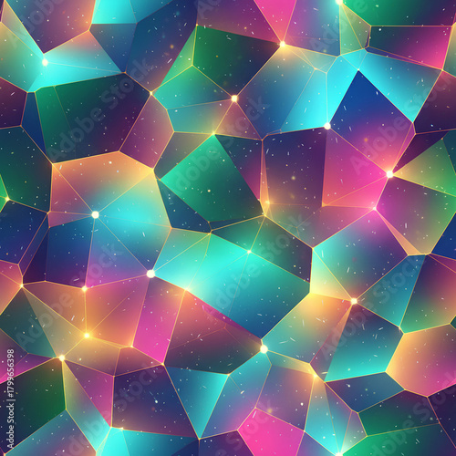 Vibrant abstract mosaic pattern with glowing geometric shapes in a spectrum of bright colors