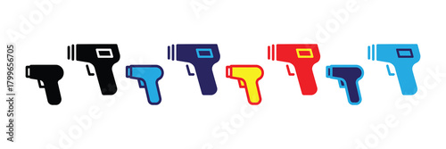 Collection of infrared thermometers in various colors and sizes, isolated on a white background, symbolizing temperature measurement and health checks.