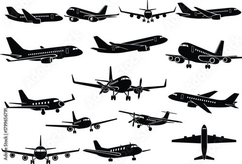 Silhouette collection of passenger airplanes and aircraft in different flight angles, aviation transport concept, commercial airplane set, travel and transportation vector illustration