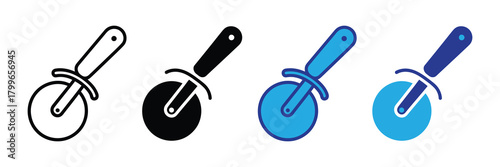 Collection of four pizza cutter icons in different styles: line art, solid black, flat blue, and blue with dark outline, isolated on white.