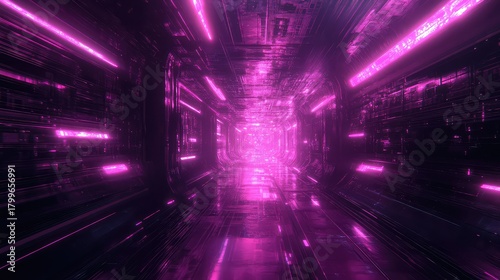 Fototapeta Naklejka Na Ścianę i Meble -  Futuristic purple neon glow cyber tunnel background