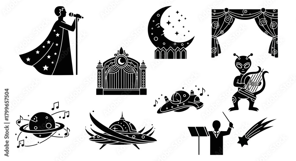 Fototapeta premium Celestial Stage Show Featuring Stars, Planets, and Aliens Performing Music, Conductor, Spacecraft, and Comets in a Theatrical Extravaganza