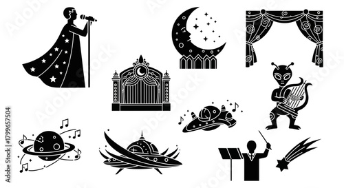 Celestial Stage Show Featuring Stars, Planets, and Aliens Performing Music, Conductor, Spacecraft, and Comets in a Theatrical Extravaganza