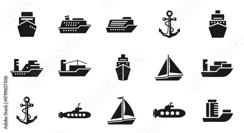 Set sail with these simple nautical icons featuring ships, sailboats, submarines, and anchors for a clean and modern design project needing maritime elements