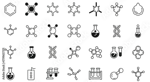 Explore the world of science with these sleek molecular and lab icons! Perfect for educational materials, presentations, and modern design projects