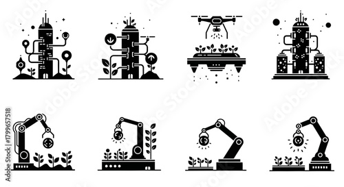 Precision Farming Future: Robotic Agriculture, Drone Sprayers, and Automated Greenhouses for Sustainable Food Production in a Modern World, Originally Vector Graphics