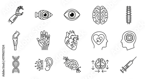 Explore futuristic medical technology with these modern line icons showcasing innovative human augmentation and advanced healthcare solutions for the future