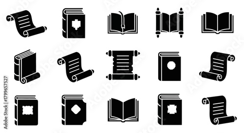 Explore knowledge with classic books and scrolls, offering a timeless look for education, history, and creative projects, sourced originally from vector graphics