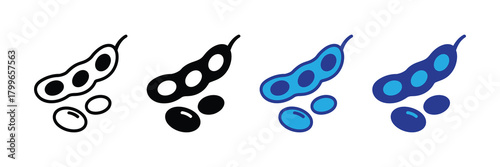 Collection of stylized soy bean pod and beans icons in outline, solid black, blue and dark blue on a white background. represents agriculture and healthy food.