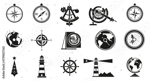 Set sail with these nautical navigation icons, perfect for adventure, exploration, and mapping projects, conveying a sense of discovery and timeless design