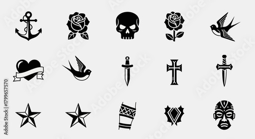 Classic tattoo flash sheet with roses, anchor, skull, swallows, and dagger in black ink, ideal for edgy designs and bold statements