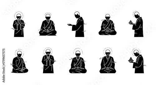 Elegant minimalist illustrations of Buddhist monks in traditional robes, offering serene meditation concepts and tranquil spirituality for design projects