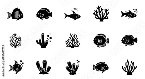 Captivating collection of stylized fish and vibrant coral reef icons, perfect for aquatic themes and ocean life projects