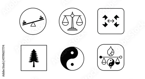 Modern minimalist icons representing balance, justice, growth, duality, and harmony for professional design projects