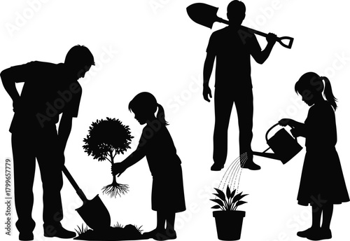 Silhouette family gardening together, planting a small tree and watering plants, outdoor eco friendly nature care, parent and children garden work illustration